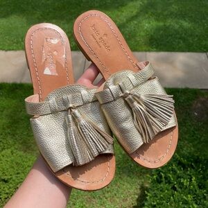 Kate Spade Coby Sandals Slides Metallic Light Gold Pebbled Leather Fringe Tassel